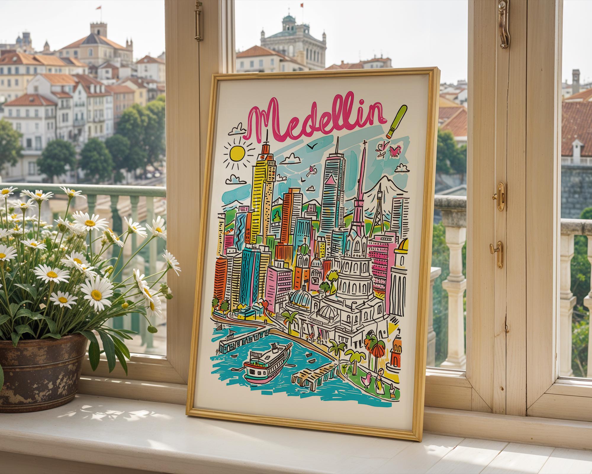 Medellín Skyline Print | Colombia Travel Poster wall art print, modern home decor, unframed artwork by Nomad & Nest