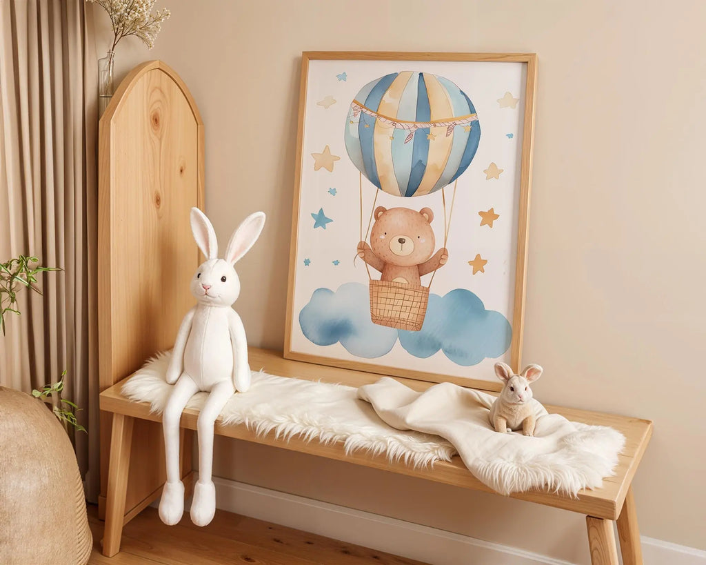 Playroom Ideas | Bear Hot Air Balloon Nursery Print | Boho Sky Wall Art wall art print, modern home decor, unframed artwork by Nomad & Nest