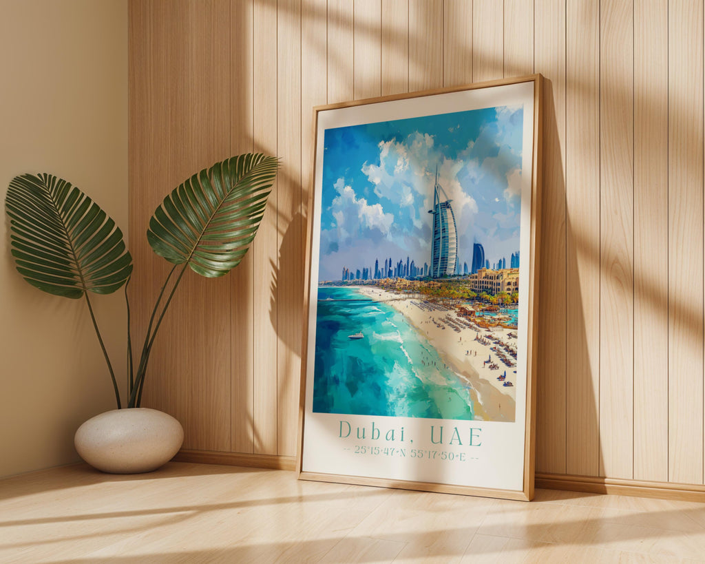 Dubai Skyline Art Print – Burj Al Arab, UAE Travel Poster wall art print, modern home decor, unframed artwork by Nomad & Nest