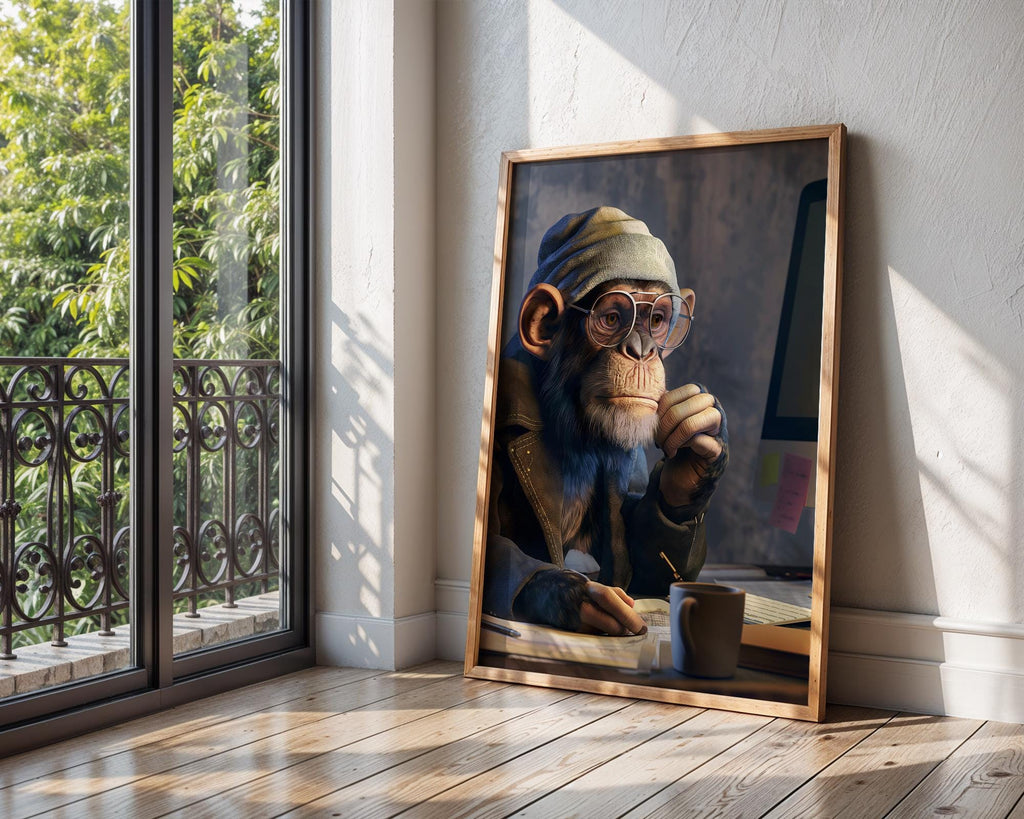 Thinking Chimp Art Print | Quirky Office Animal Portrait wall art print, modern home decor, unframed artwork by Nomad & Nest