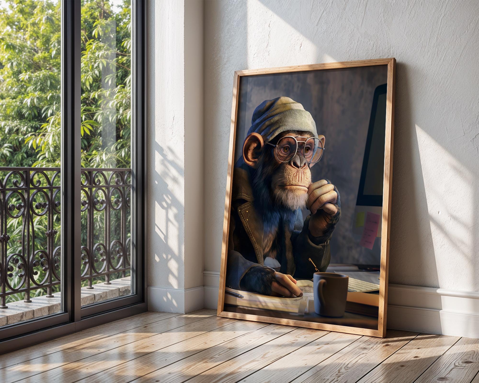 Thinking Chimp Art Print | Quirky Office Animal Portrait wall art print, modern home decor, unframed artwork by Nomad & Nest