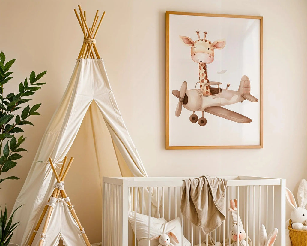 Playroom Ideas | Giraffe Airplane Nursery Print | Adventure Baby Decor wall art print, modern home decor, unframed artwork by Nomad & Nest