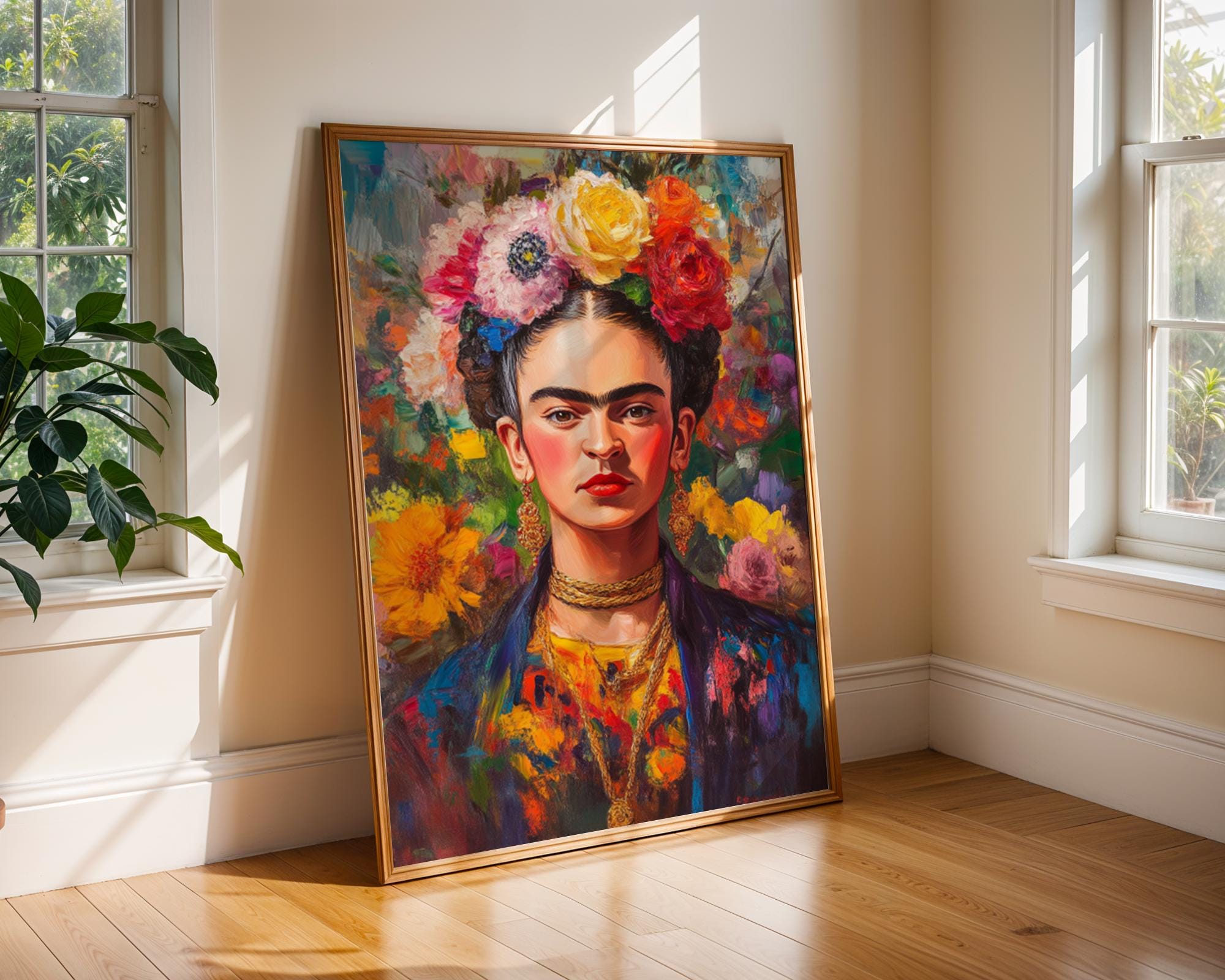 Frida Kahlo Portrait Print | Colourful Flower Crown, Eclectic Wall Art wall art print, modern home decor, unframed artwork by Nomad & Nest