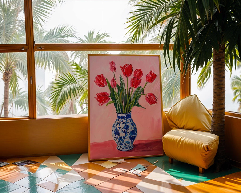 Colourful Prints | Red Tulips Print | Pink Botanical Art, Blue Vase Poster wall art print, modern home decor, unframed artwork by Nomad & Nest