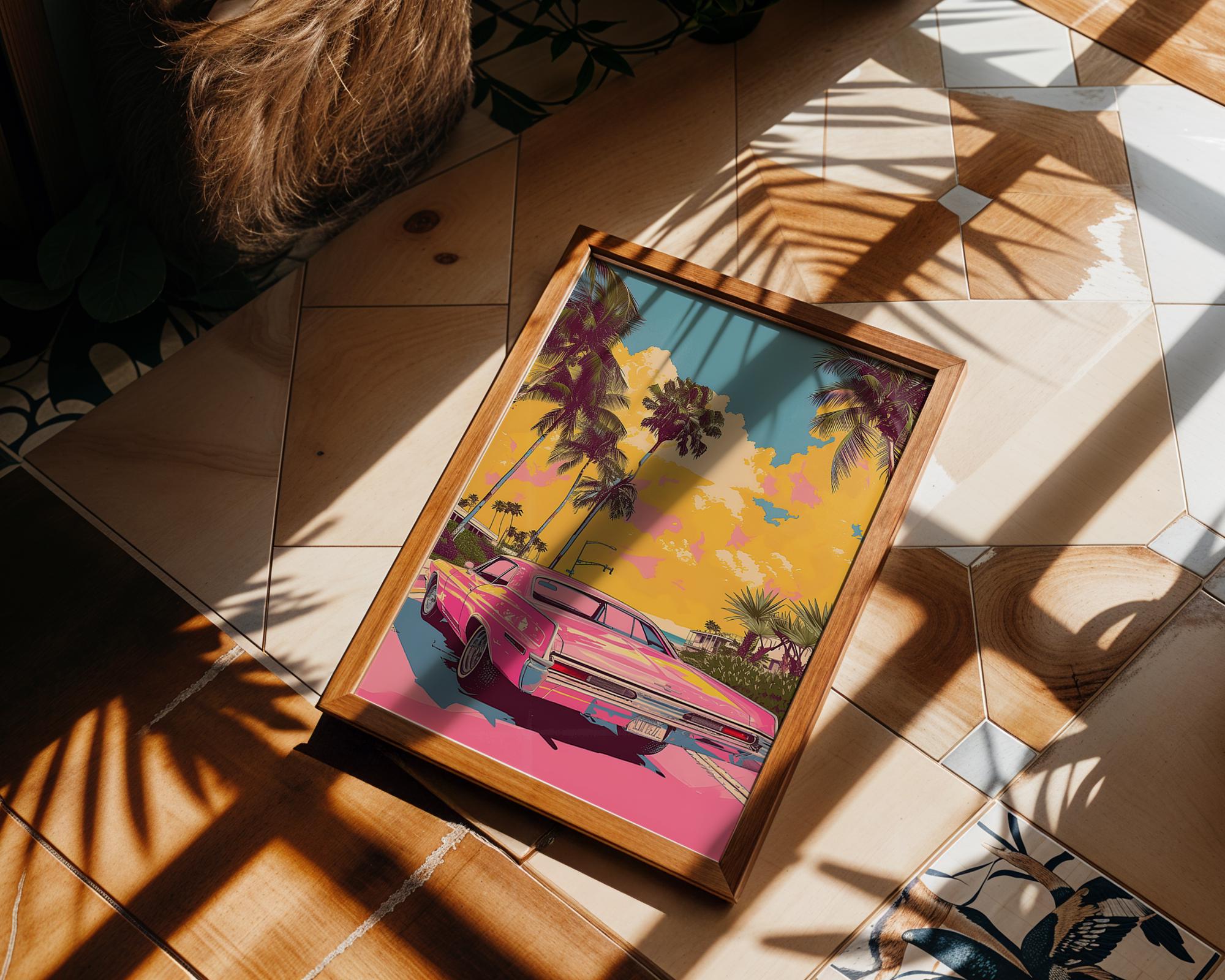 Modern Pop Art | Retro Pink Muscle Car Print | Vintage Coastal Palm Tree wall art print, modern home decor, unframed artwork by Nomad & Nest