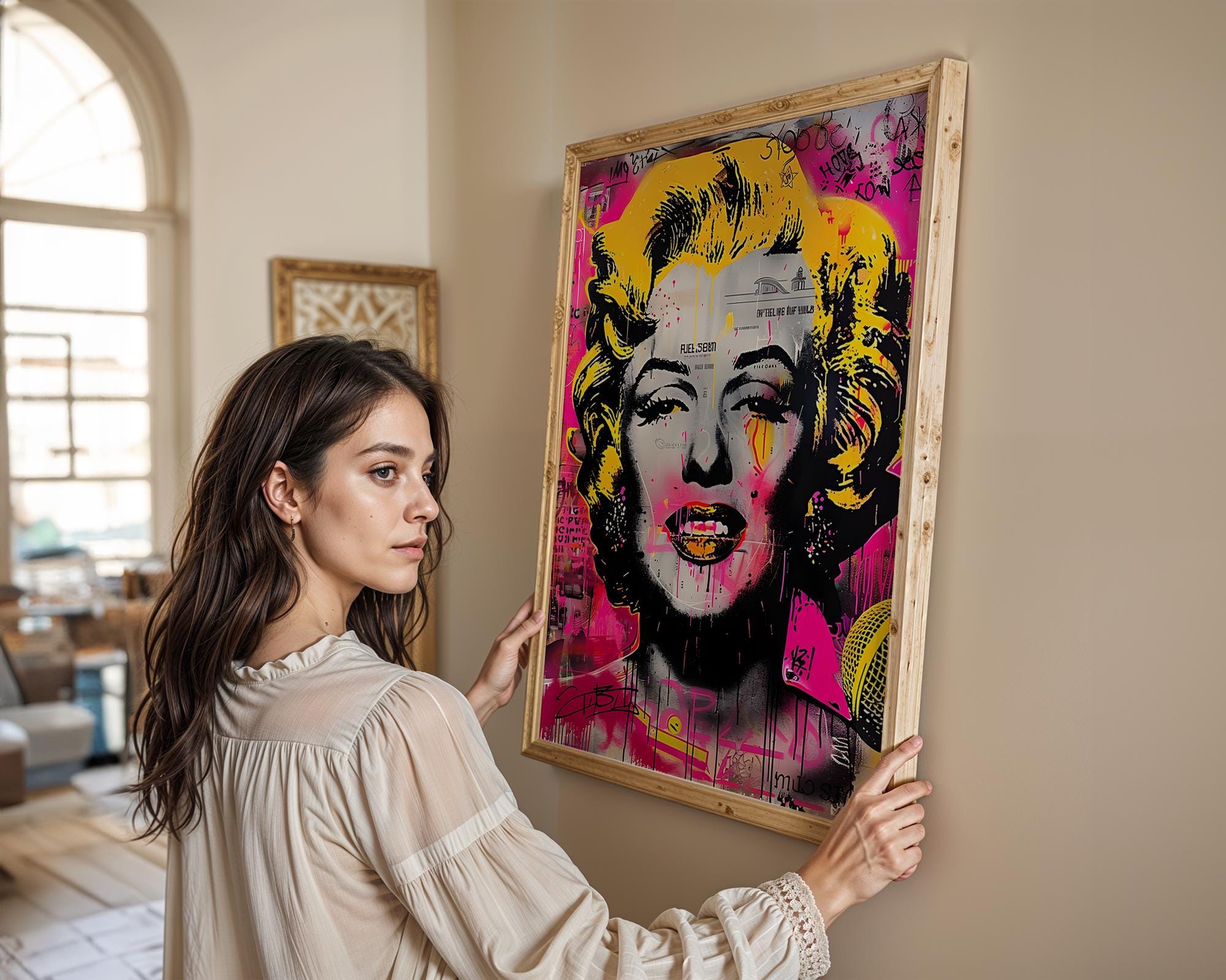 Modern Pop Art | Marilyn Monroe Graffiti Print | Pink & Yellow Portrait wall art print, modern home decor, unframed artwork by Nomad & Nest