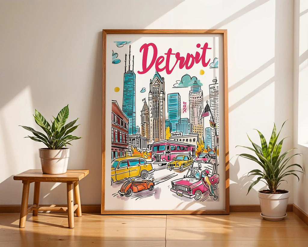 Colorful Detroit Cityscape Art Print | Michigan Travel Poster wall art print, modern home decor, unframed artwork by Nomad & Nest