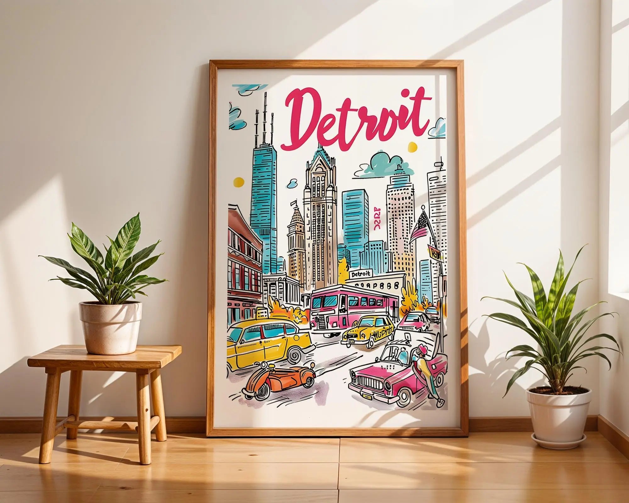 Colorful Detroit Cityscape Art Print | Michigan Travel Poster wall art print, modern home decor, unframed artwork by Nomad & Nest