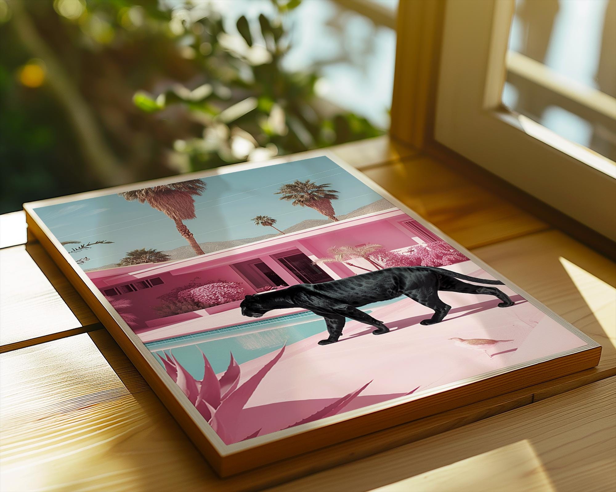 Colourful Prints | Panther Poolside Art Print | Retro Palm Springs, Tropical Pink wall art print, modern home decor, unframed artwork by Nomad & Nest