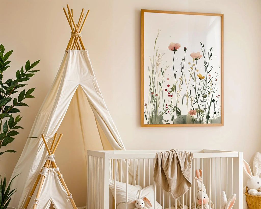 Playroom Ideas | Soft Field Flowers Nursery Art | Minimal Botanical Baby Decor wall art print, modern home decor, unframed artwork by Nomad & Nest