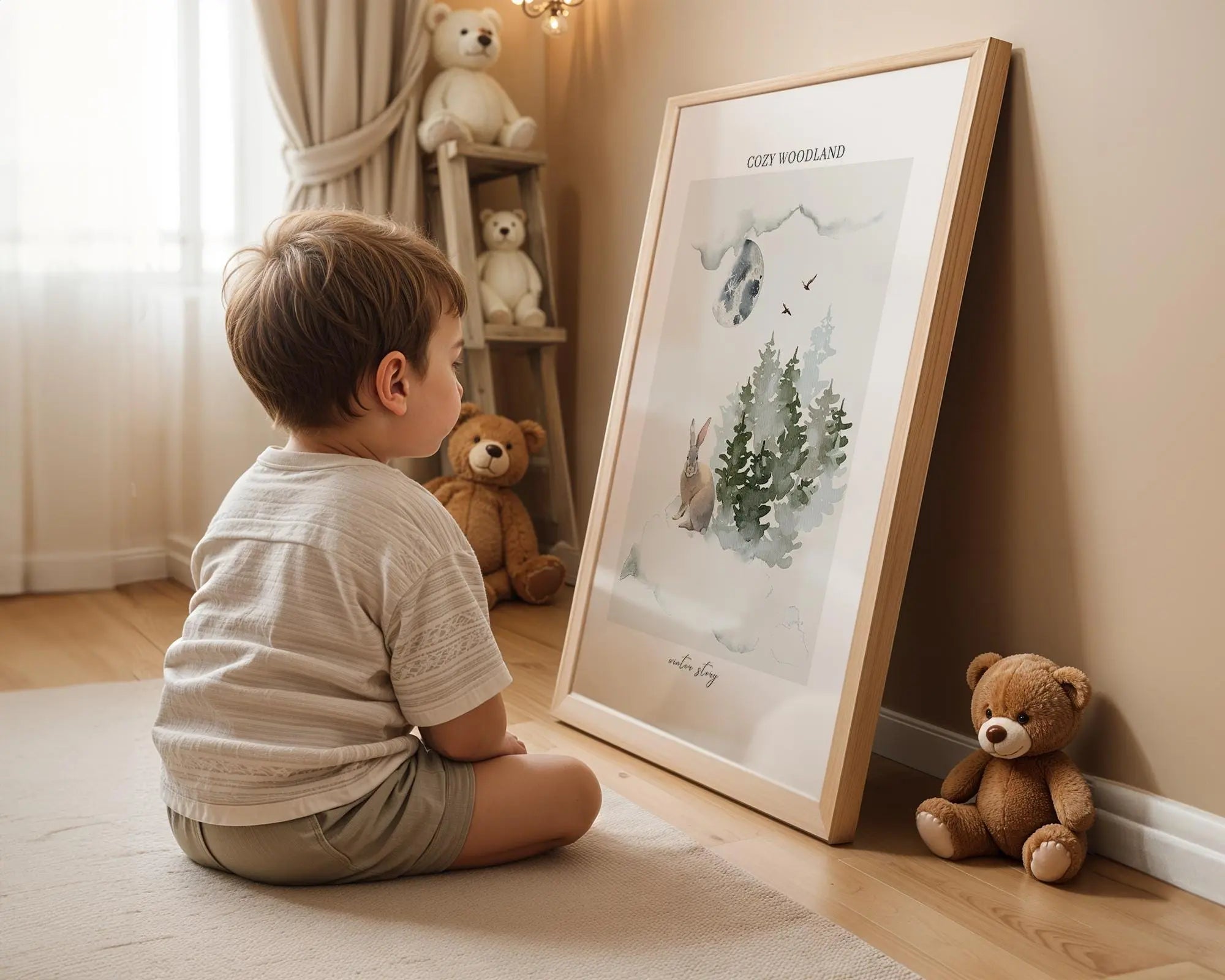 Playroom Ideas | Moonlit Bunny Nursery Wall Art | Woodland Night Animal Print wall art print, modern home decor, unframed artwork by Nomad & Nest