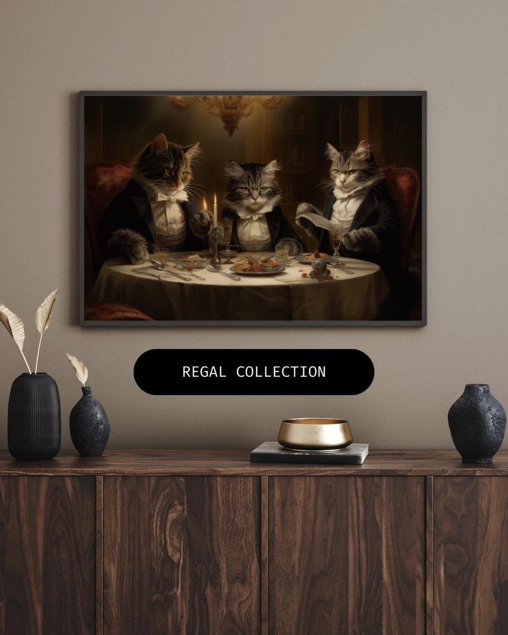 Tuxedo Cats at Dinner Party Print – Whimsical Anthropomorphic Animal Art wall art print, modern home decor, unframed artwork by Nomad & Nest