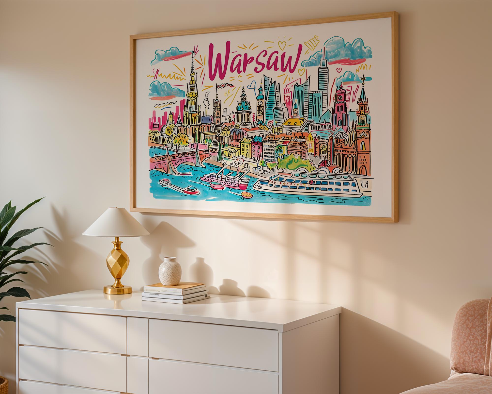 Warsaw Poland Travel Poster | Colorful Cityscape Art Print wall art print, modern home decor, unframed artwork by Nomad & Nest