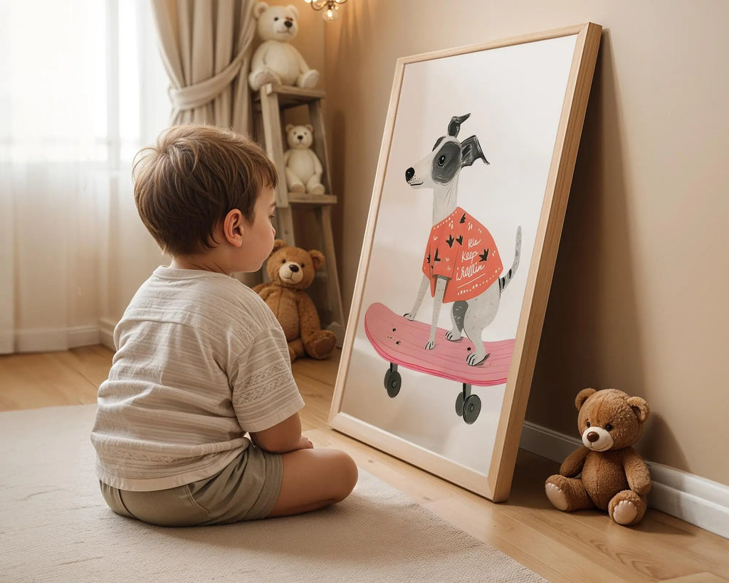 Playroom Ideas | Skate Dog Nursery Wall Art | Modern Animal Boho Print wall art print, modern home decor, unframed artwork by Nomad & Nest
