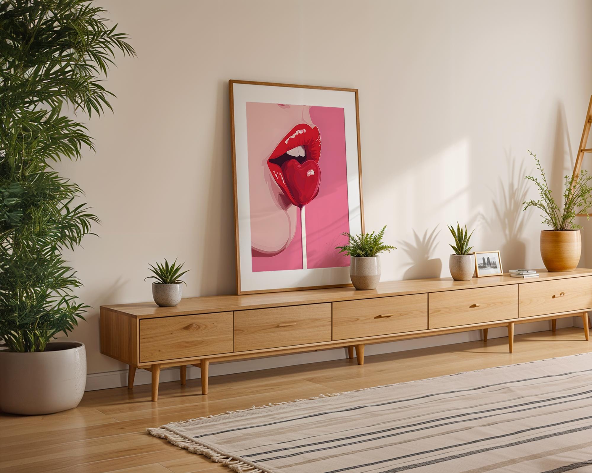 Modern Pop Art | Sexy Lips with Heart Lollipop Print | Bold Red and Pink Decor wall art print, modern home decor, unframed artwork by Nomad & Nest