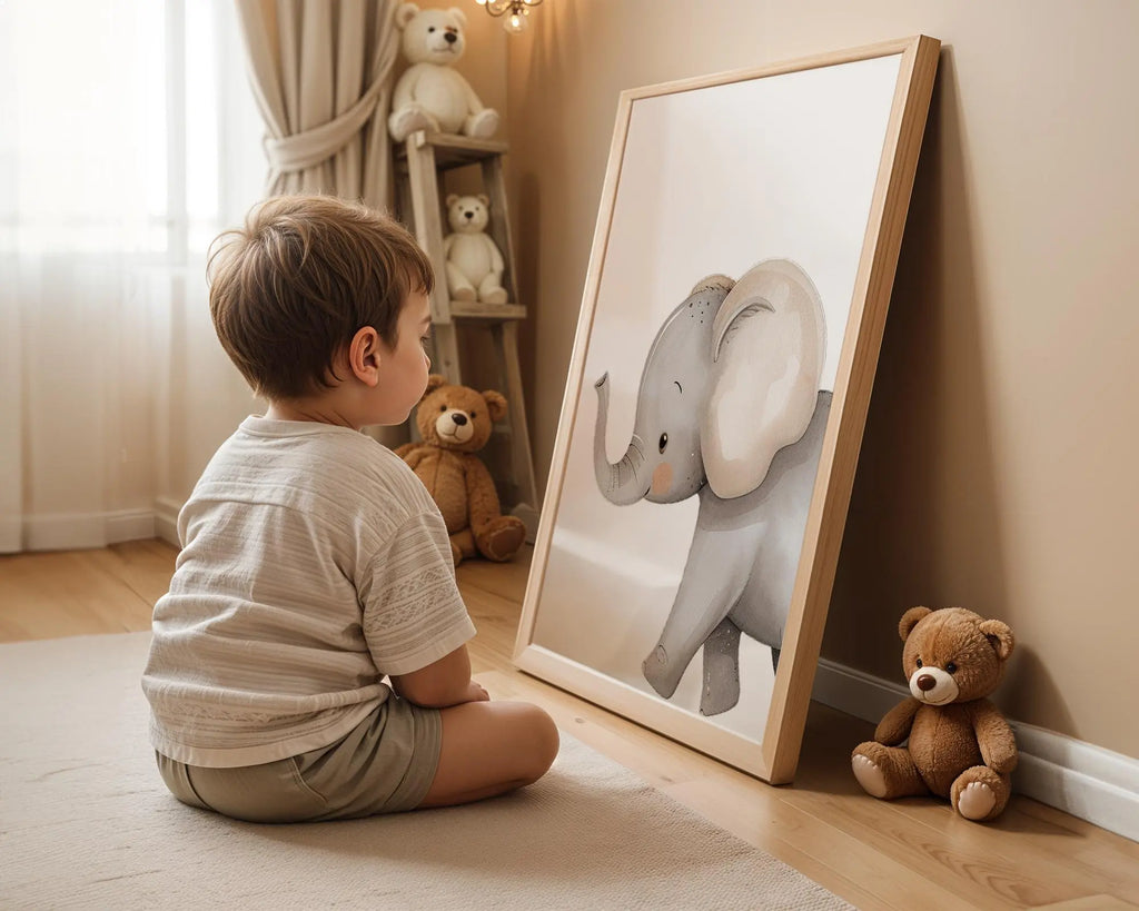Playroom Ideas | Gentle Elephant Calf Nursery Wall Art | Soft Safari Print wall art print, modern home decor, unframed artwork by Nomad & Nest