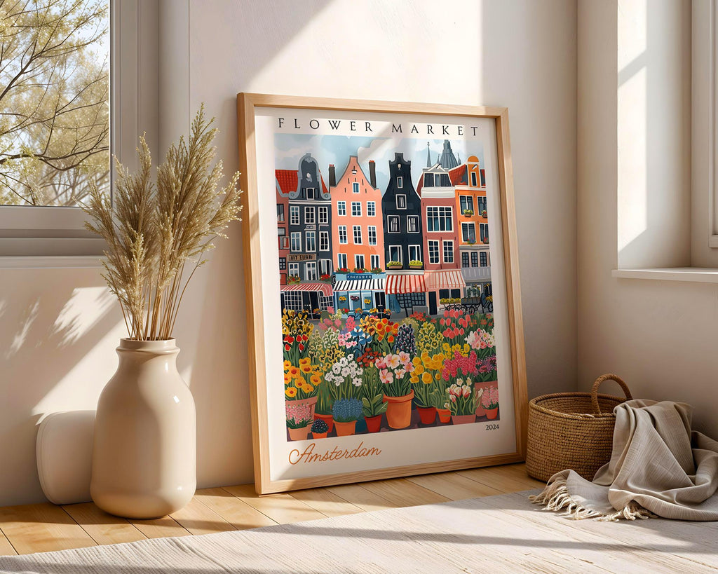 Amsterdam Flower Market Print | Colorful Dutch Travel Poster wall art print, modern home decor, unframed artwork by Nomad & Nest