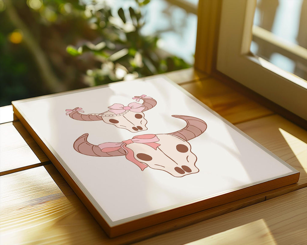 Girly Bull Skull Pair Print | Pink Bow Western Wall Art wall art print, modern home decor, unframed artwork by Nomad & Nest