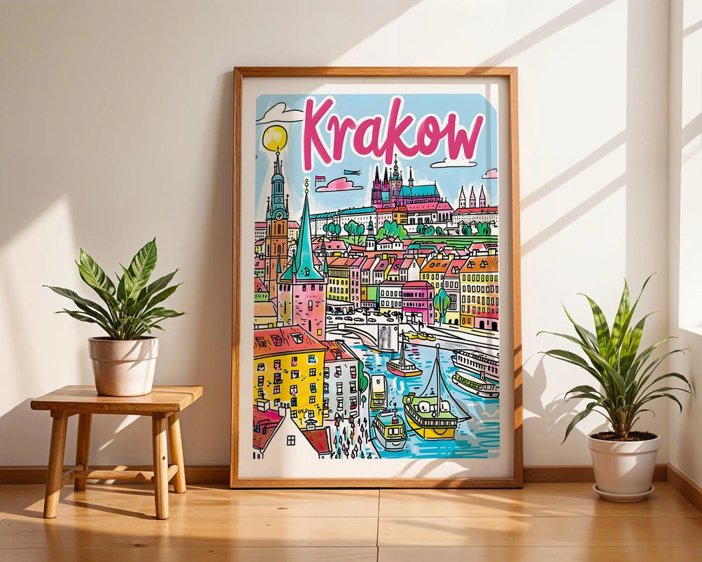 Krakow Poland Travel Poster | Colorful City Art Print wall art print, modern home decor, unframed artwork by Nomad & Nest