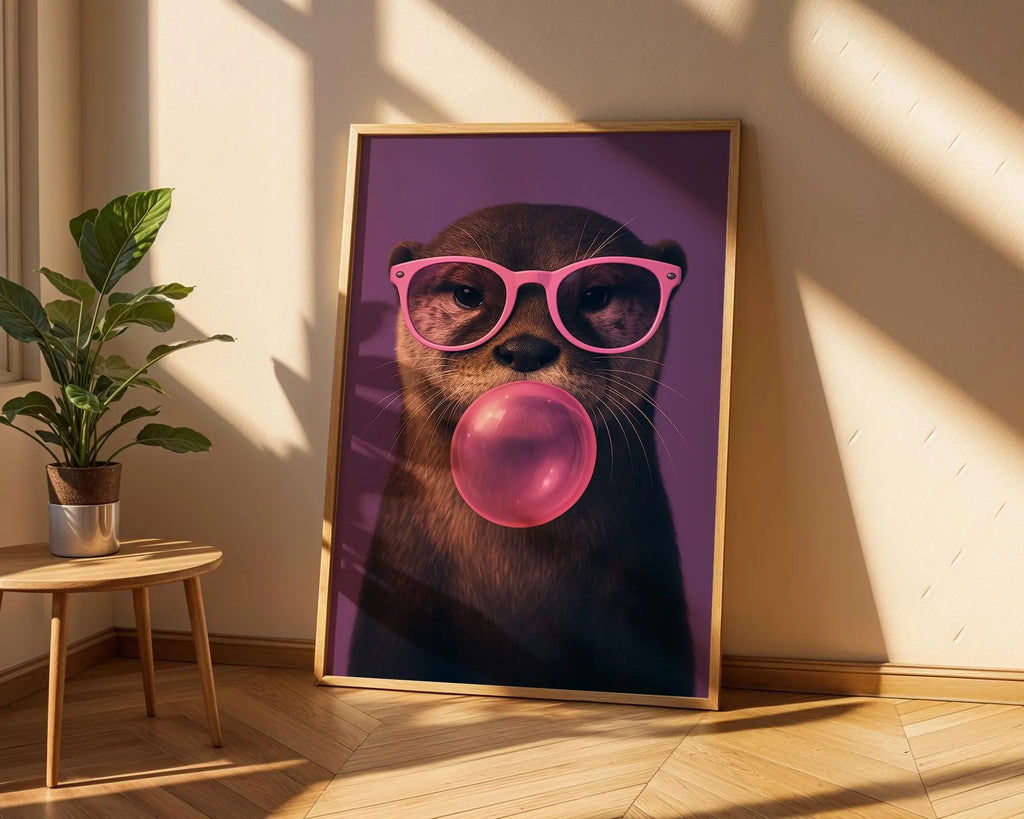 Colourful Prints | Otter Bubblegum Art Print | Funky Animal with Pink Glasses wall art print, modern home decor, unframed artwork by Nomad & Nest