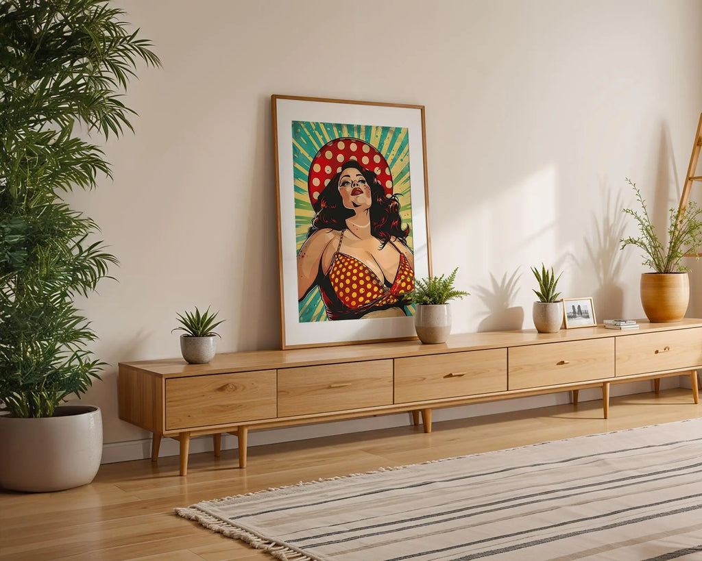 Modern Pop Art | Retro Pin-Up Print | Curvy Woman in Polka Dot Bikini & Hat wall art print, modern home decor, unframed artwork by Nomad & Nest