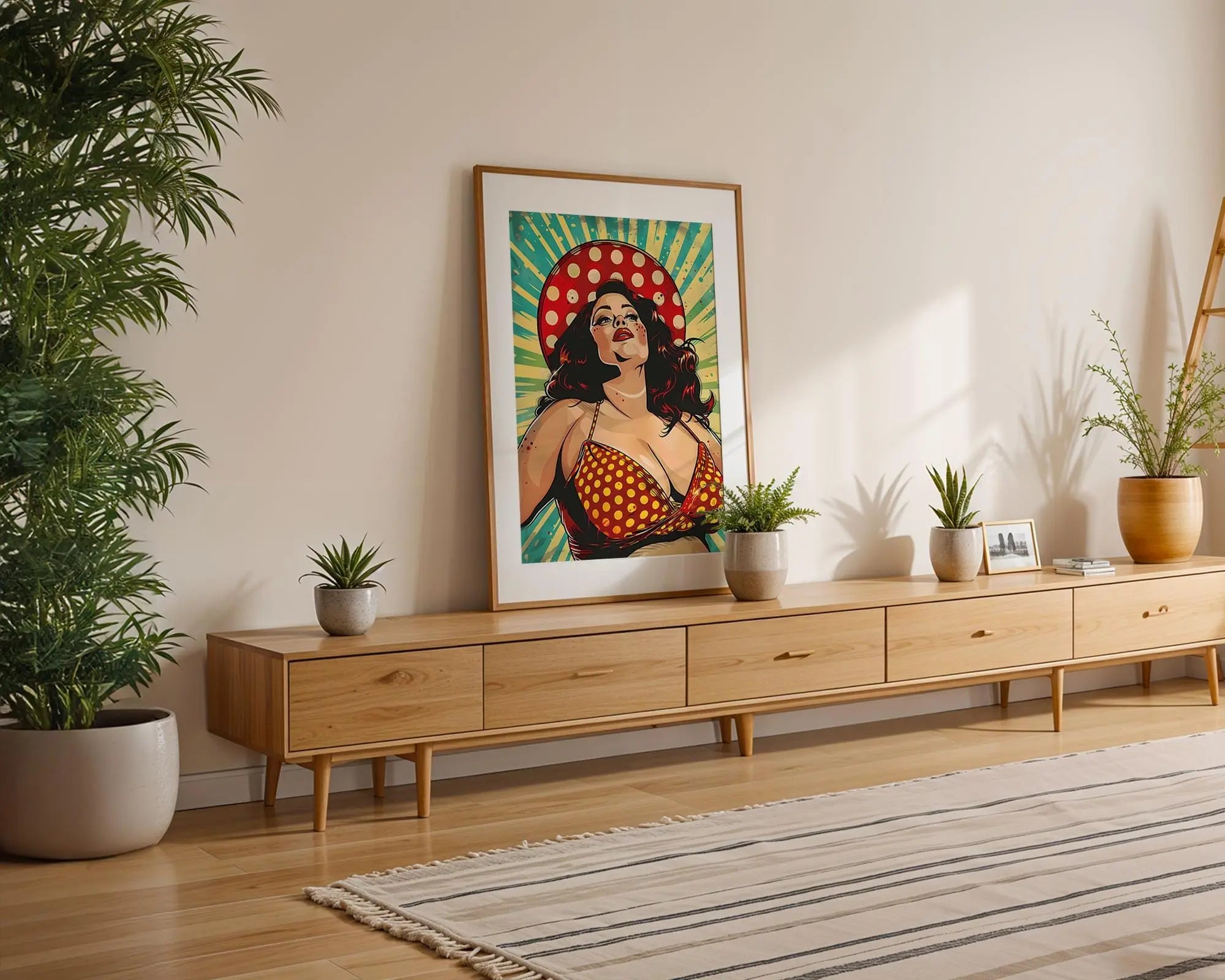 Modern Pop Art | Retro Pin-Up Print | Curvy Woman in Polka Dot Bikini & Hat wall art print, modern home decor, unframed artwork by Nomad & Nest