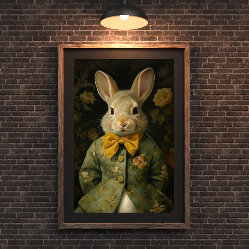 Floral Bunny Print - Anthropomorphic Rabbit in Green Jacket wall art print, modern home decor, unframed artwork by Nomad & Nest