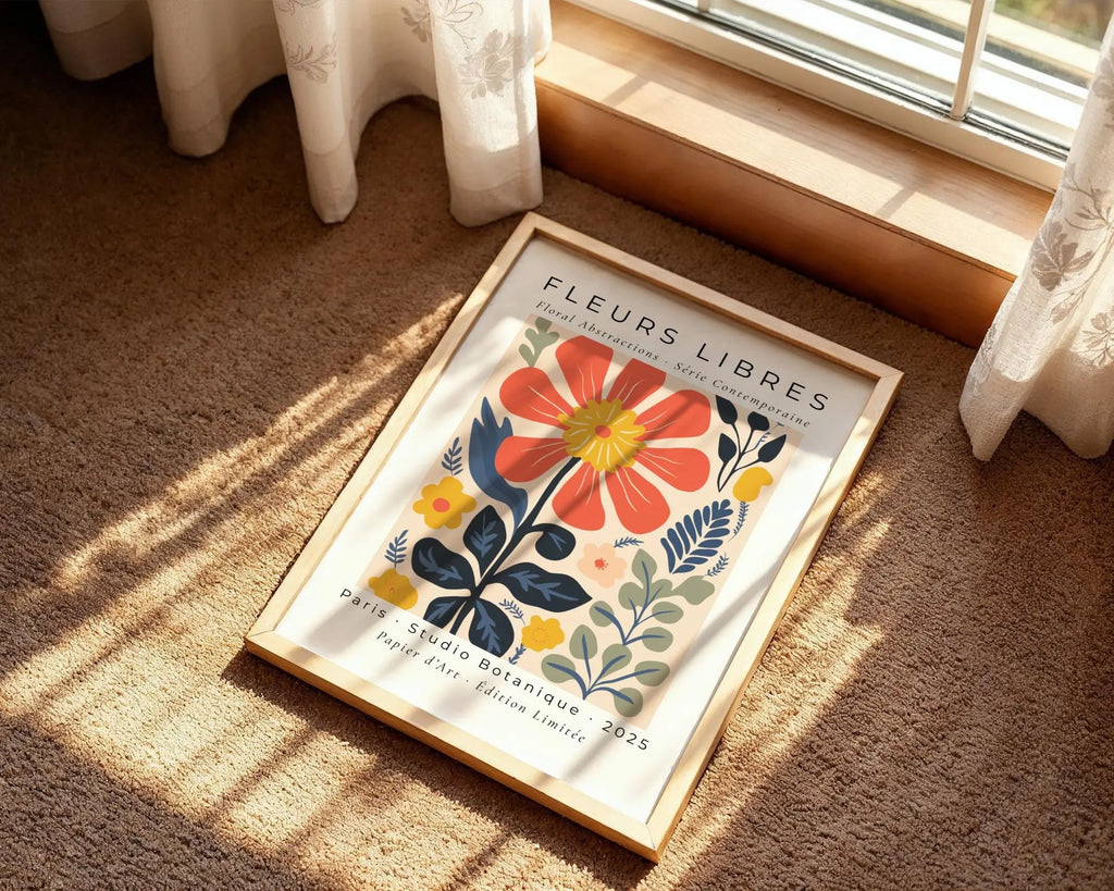 Abstract Floral Art Print | Coral, Navy & Yellow Botanical Poster wall art print, modern home decor, unframed artwork by Nomad & Nest