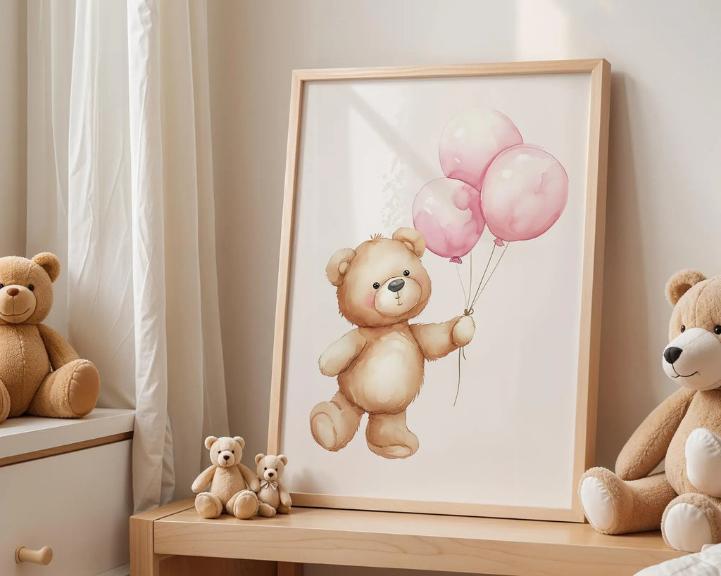 Playroom Ideas | Teddy Balloon Nursery Print | Soft Pink Baby Wall Art wall art print, modern home decor, unframed artwork by Nomad & Nest
