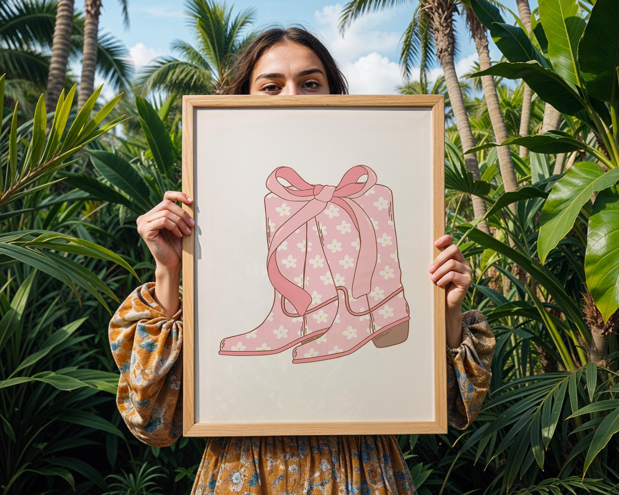 Pink Daisy Cowboy Boots Print | Girly Western Wall Art wall art print, modern home decor, unframed artwork by Nomad & Nest