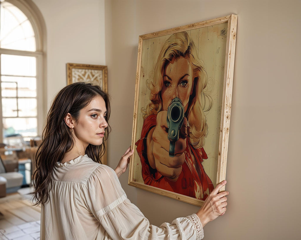 Modern Pop Art | Woman with Gun | Retro Comic Book Femme Fatale wall art print, modern home decor, unframed artwork by Nomad & Nest