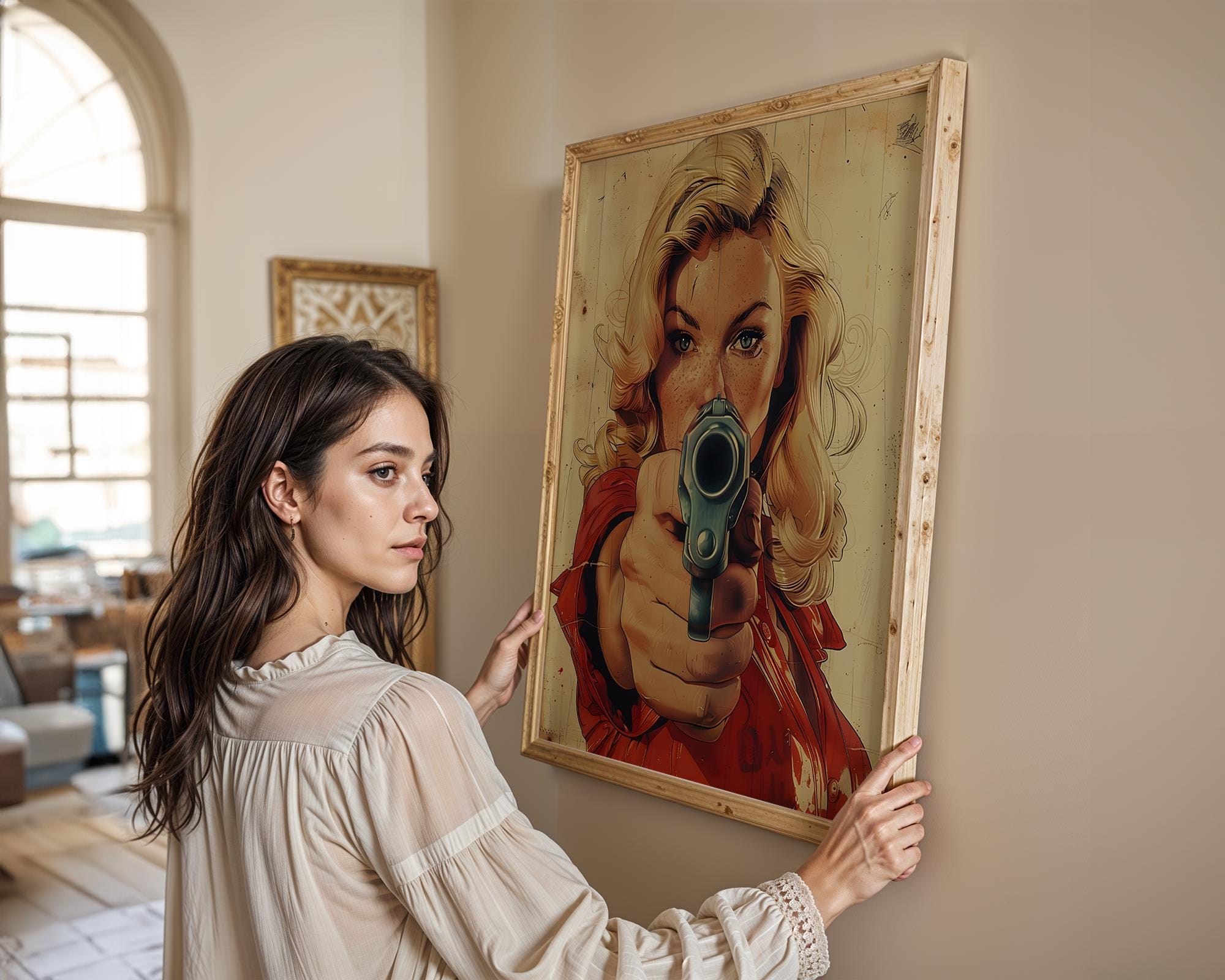 Modern Pop Art | Woman with Gun | Retro Comic Book Femme Fatale wall art print, modern home decor, unframed artwork by Nomad & Nest