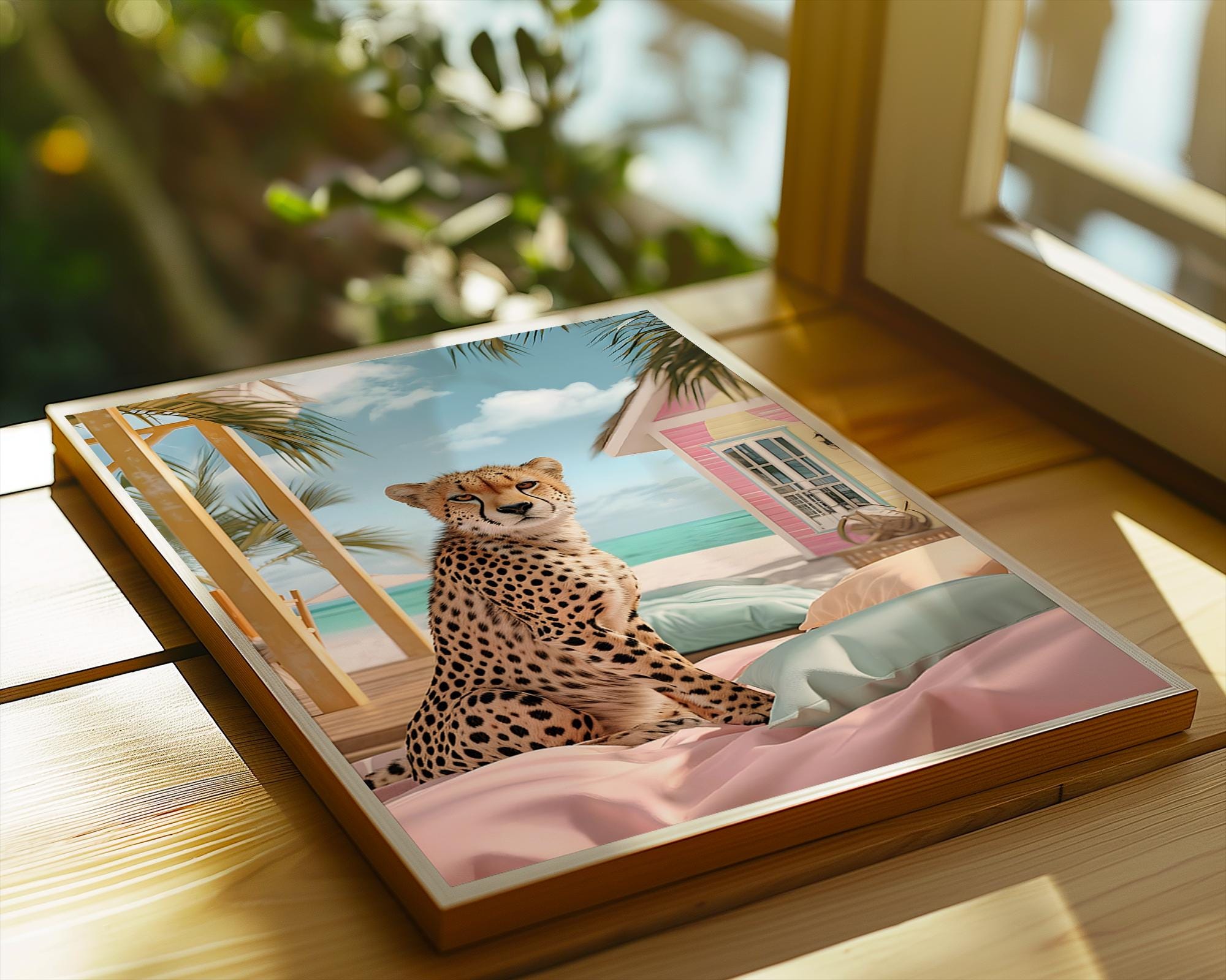 Colourful Prints | Cheetah Beach Print | Tropical Animal Coastal Wall Art wall art print, modern home decor, unframed artwork by Nomad & Nest