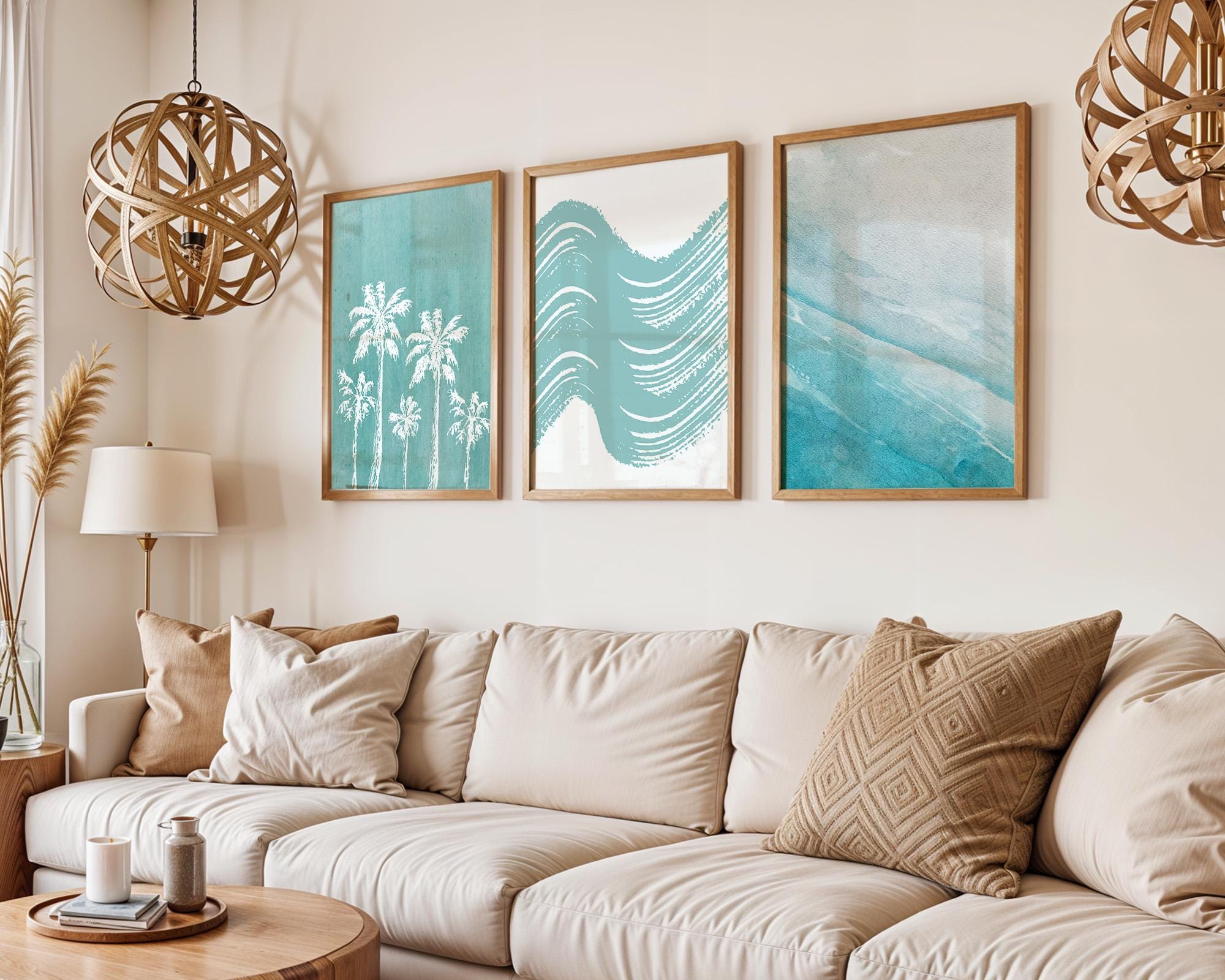 Colourful Prints | Coastal Palm Tree Print Set Ocean Waves, Boho Beach House Art wall art print, modern home decor, unframed artwork by Nomad & Nest