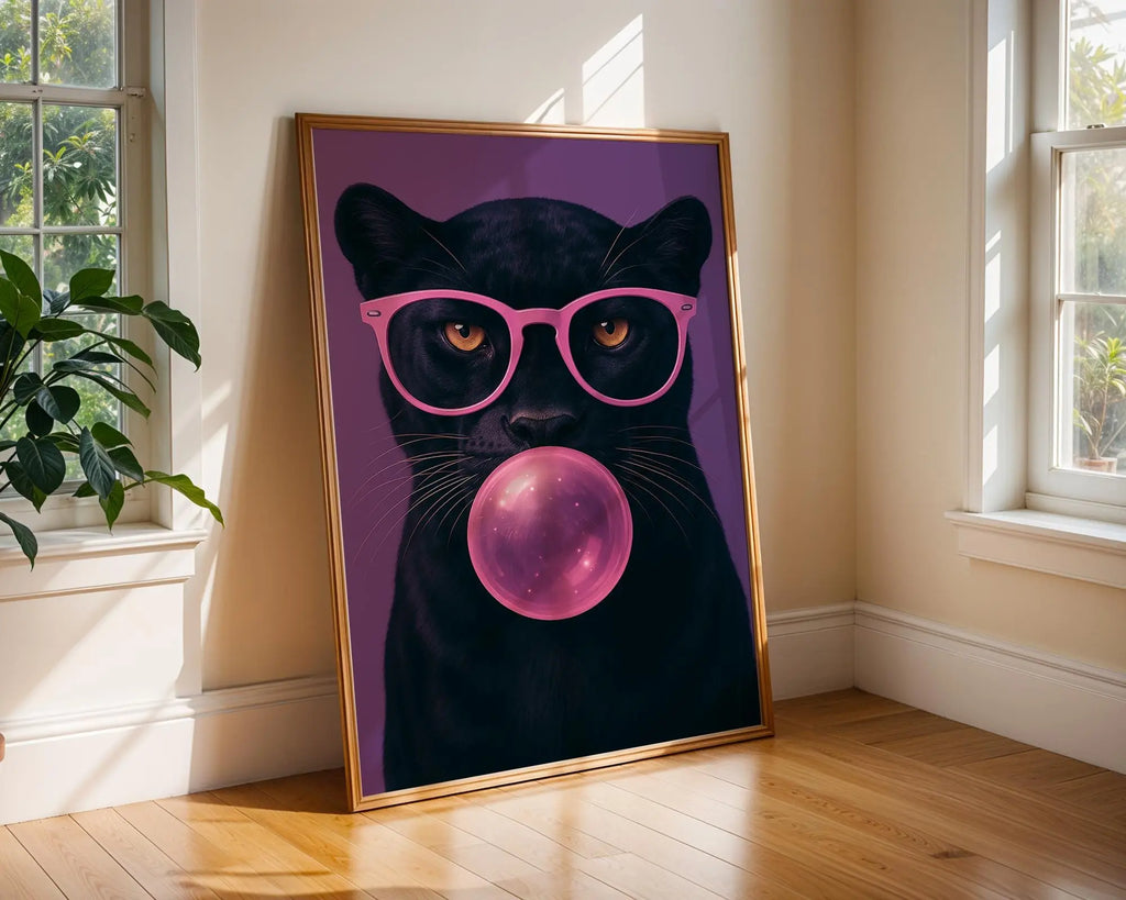 Colourful Prints | Panther with Bubblegum Print | Funky Animal Wall Art wall art print, modern home decor, unframed artwork by Nomad & Nest