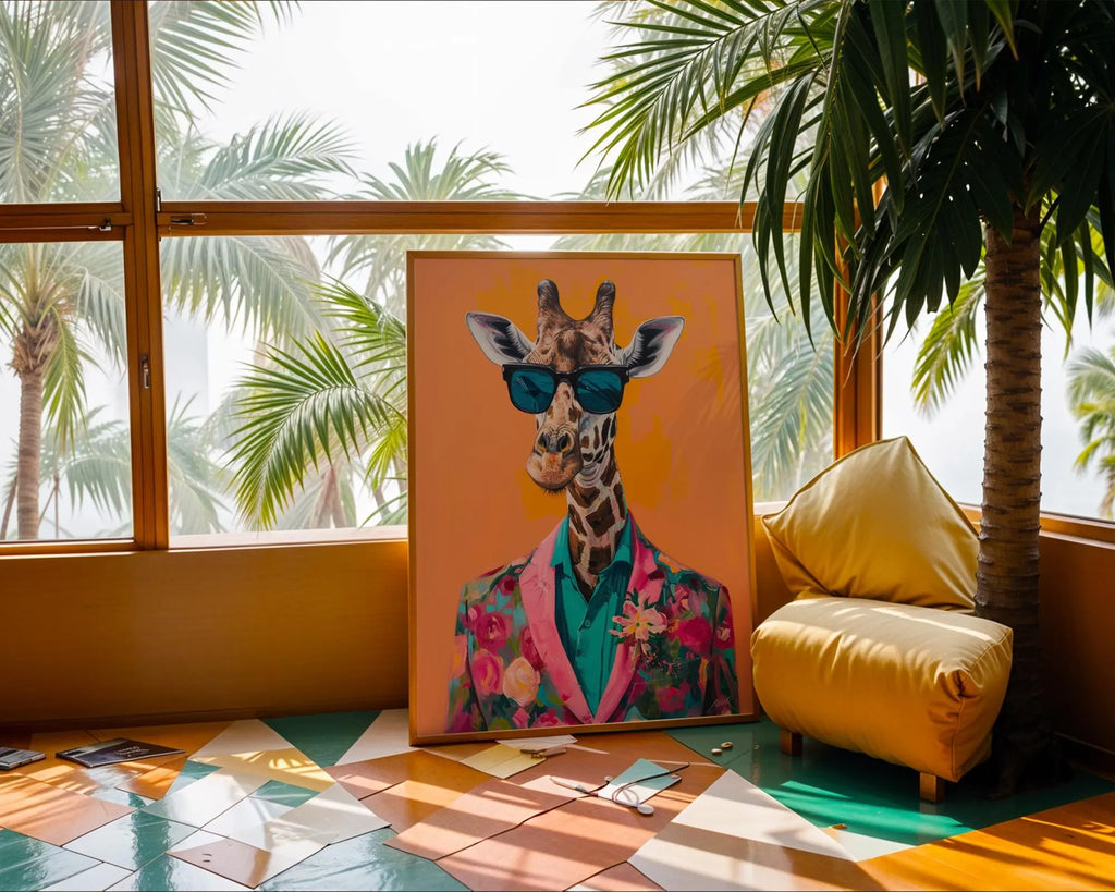 Colourful Prints | Giraffe in Floral Suit Art Print | Quirky Animal Portrait wall art print, modern home decor, unframed artwork by Nomad & Nest
