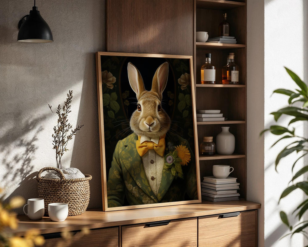 Dapper Rabbit Art Print – Whimsical Animal Portrait in Floral Suit wall art print, modern home decor, unframed artwork by Nomad & Nest