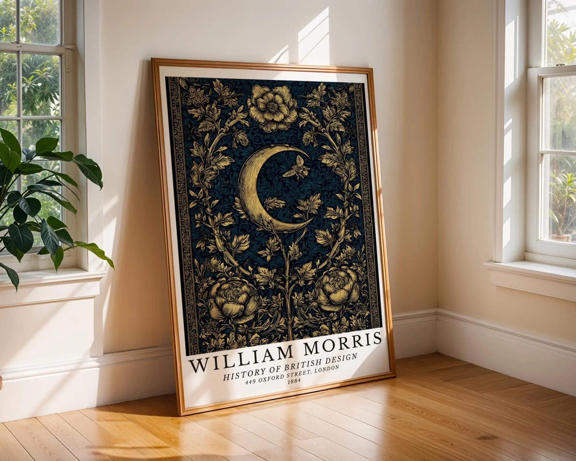 William Morris Print Golden Crescent Moon Art  |  Botanical Dark Floral Poster wall art print, modern home decor, unframed artwork by Nomad & Nest