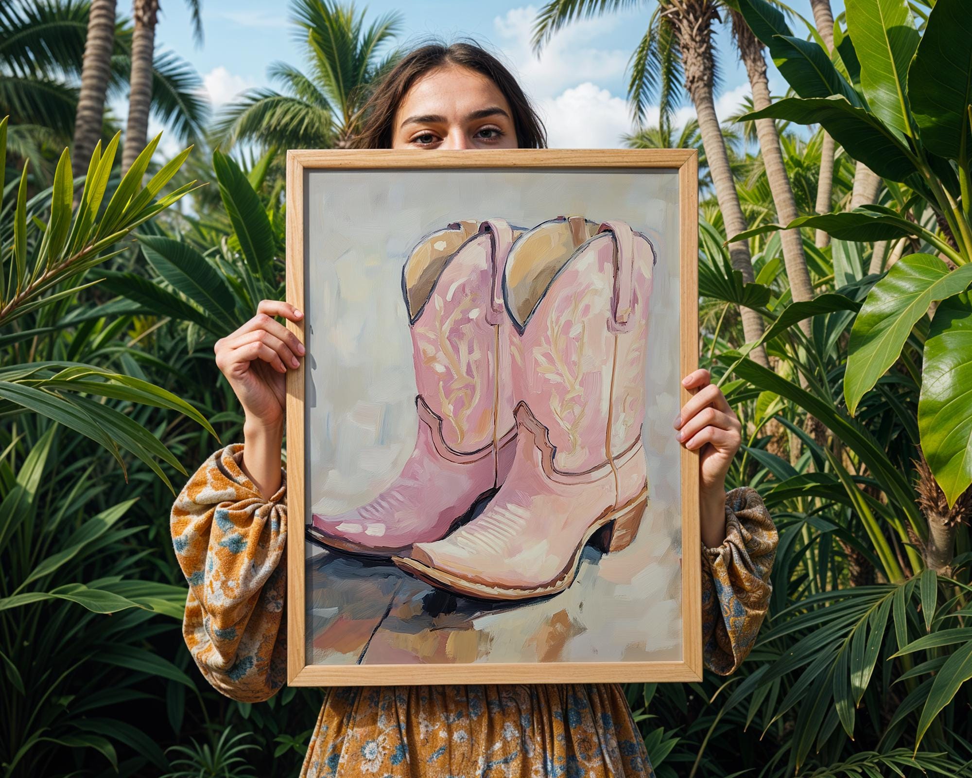 Pink Cowgirl Boots Oil Painting | Modern Western Art Poster wall art print, modern home decor, unframed artwork by Nomad & Nest