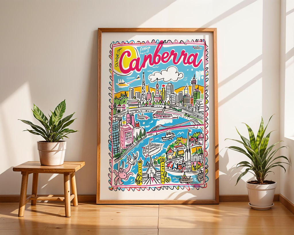 Canberra Australia Poster | Colorful Cityscape Travel Art Print wall art print, modern home decor, unframed artwork by Nomad & Nest
