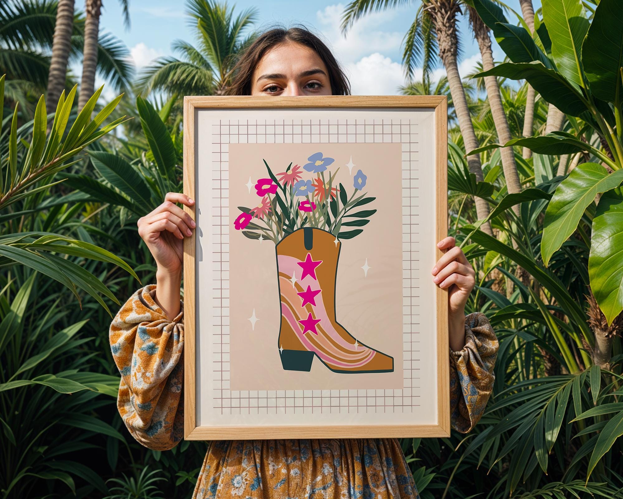 Cowgirl Boot Floral Print | Western Boho Wall Art wall art print, modern home decor, unframed artwork by Nomad & Nest