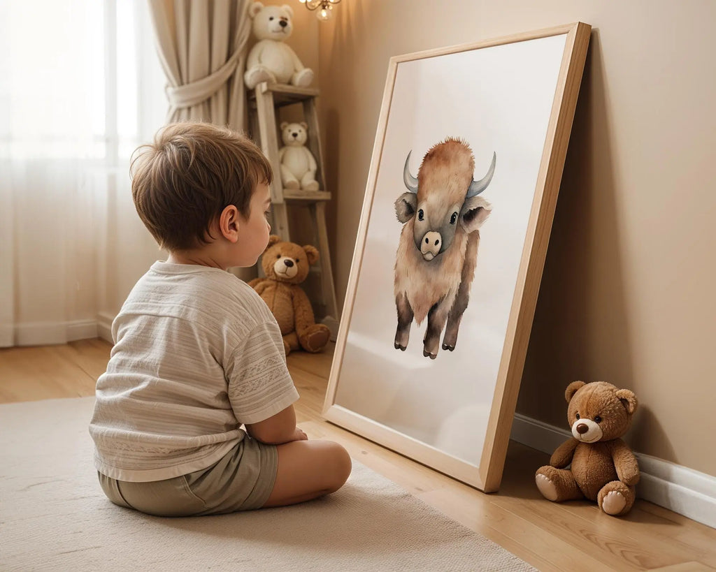 Playroom Ideas | Bison Nursery Wall Art | Woodland Animal Baby Decor wall art print, modern home decor, unframed artwork by Nomad & Nest