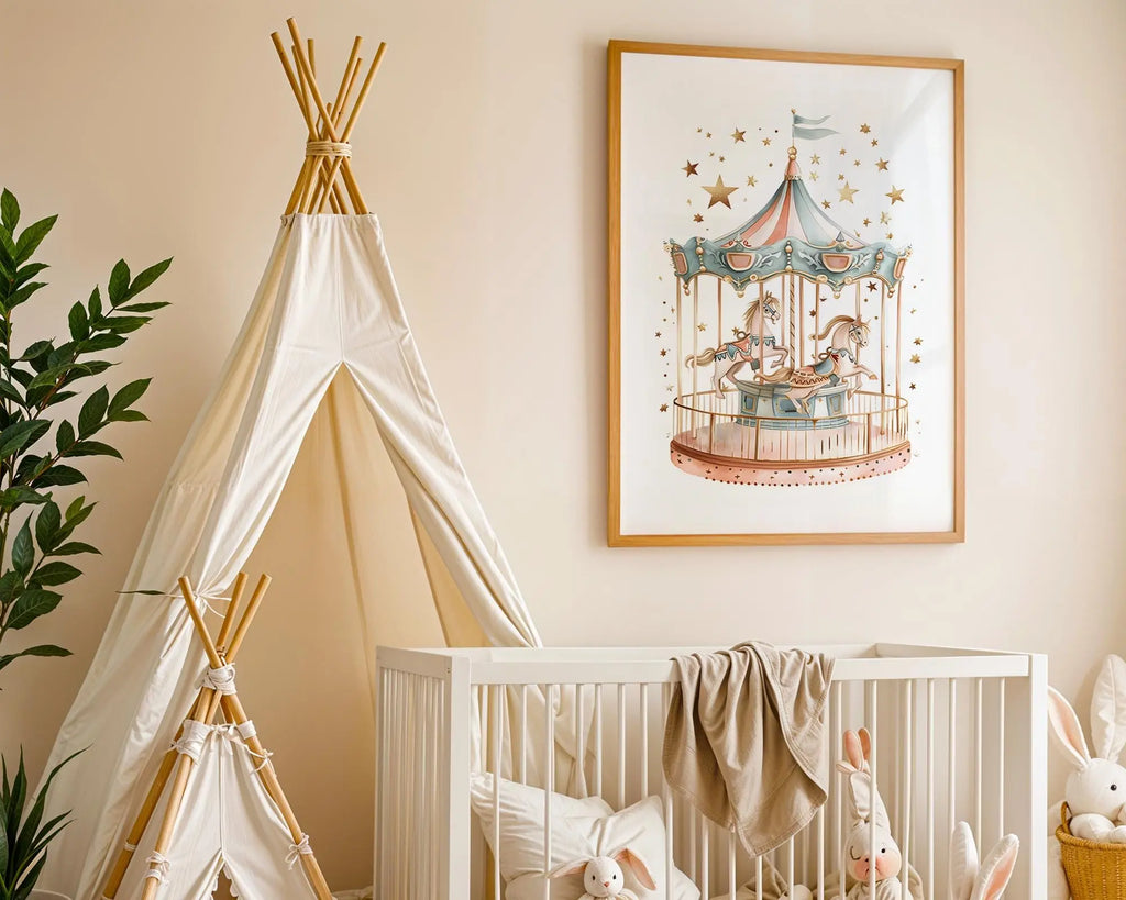 Playroom Ideas | Carousel Nursery Wall Art | Fairground Horses Baby Print wall art print, modern home decor, unframed artwork by Nomad & Nest