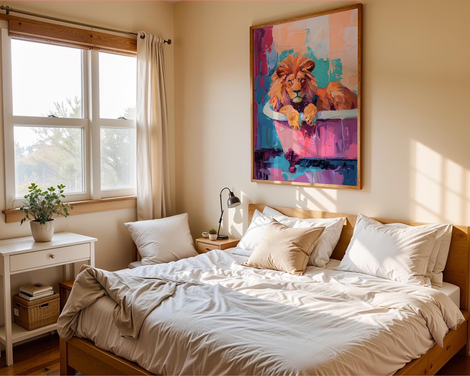 Colourful Prints | Abstract Lion Bath Print |  Jungle Animal Wall Art wall art print, modern home decor, unframed artwork by Nomad & Nest