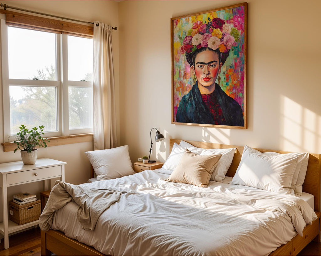 Frida Kahlo Portrait Print | Colourful Floral Crown, Impasto Texture wall art print, modern home decor, unframed artwork by Nomad & Nest