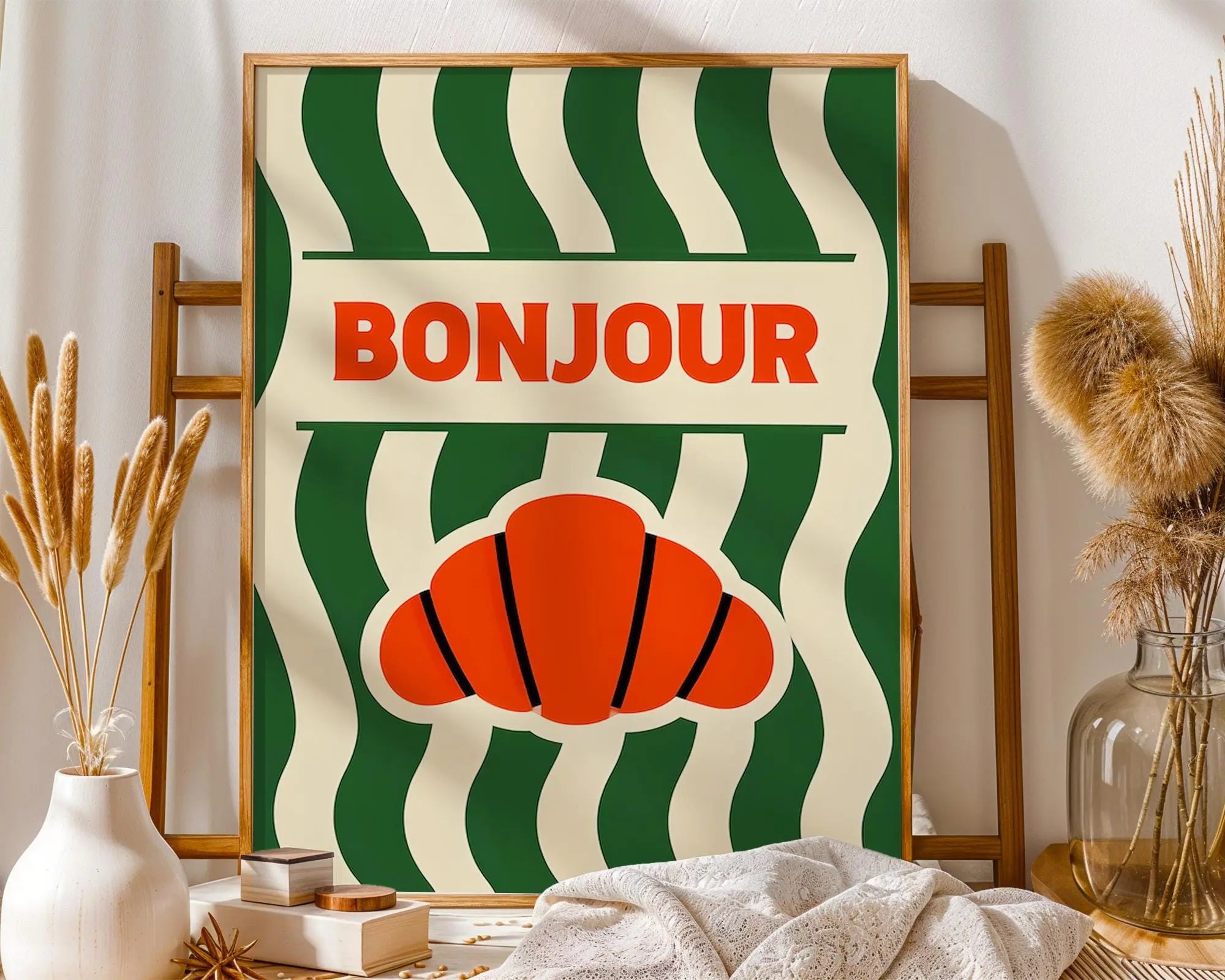 Positive Emotion | Bonjour Croissant | French Café Wall Art | Retro Kitchen Typography Print wall art print, modern home decor, unframed artwork by Nomad & Nest