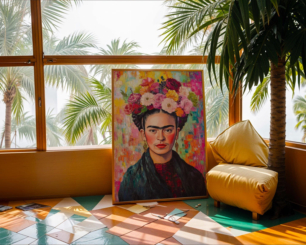 Frida Kahlo Portrait Print | Colourful Floral Crown, Impasto Texture wall art print, modern home decor, unframed artwork by Nomad & Nest