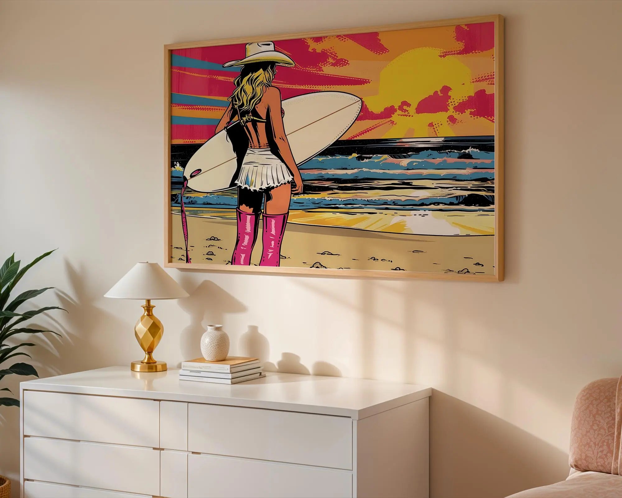 Modern Pop Art | Retro Cowgirl Surfer Beach Print |  Coastal  Decor wall art print, modern home decor, unframed artwork by Nomad & Nest