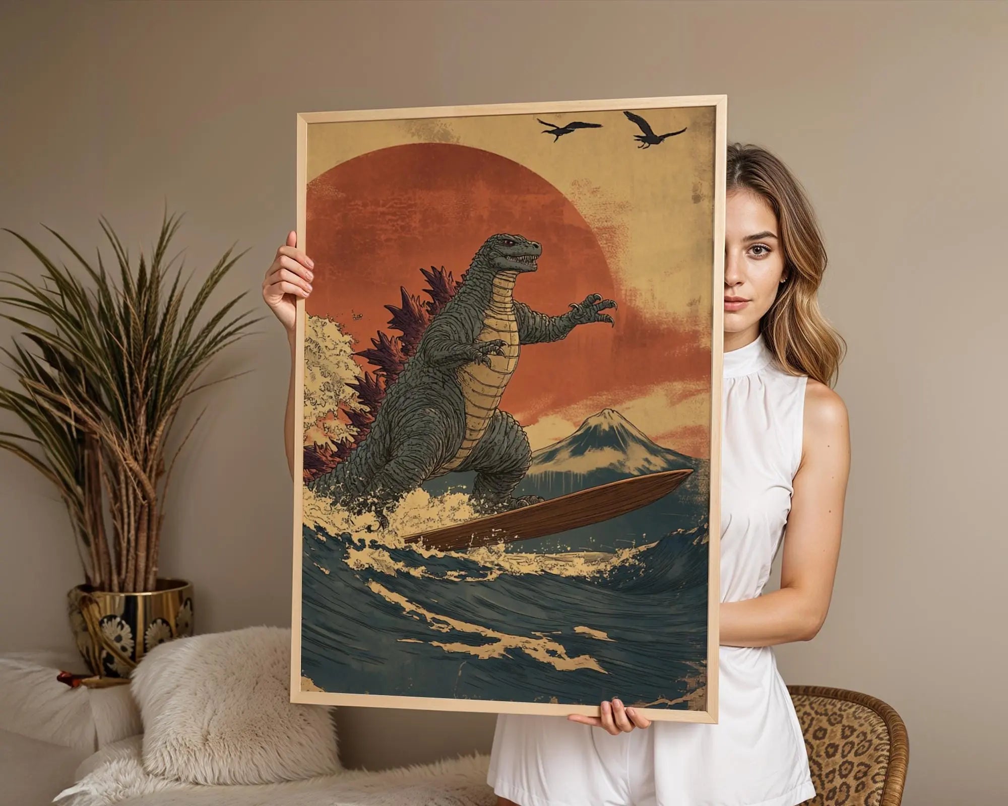Japanese Poster | Godzilla Surfing Ukiyo-e Print –  Wave, Kaiju Art wall art print, modern home decor, unframed artwork by Nomad & Nest