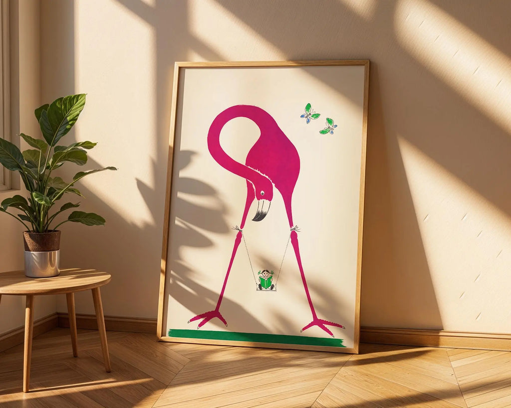 Flamingo & Panda Art Print | Whimsical Nursery Decor wall art print, modern home decor, unframed artwork by Nomad & Nest